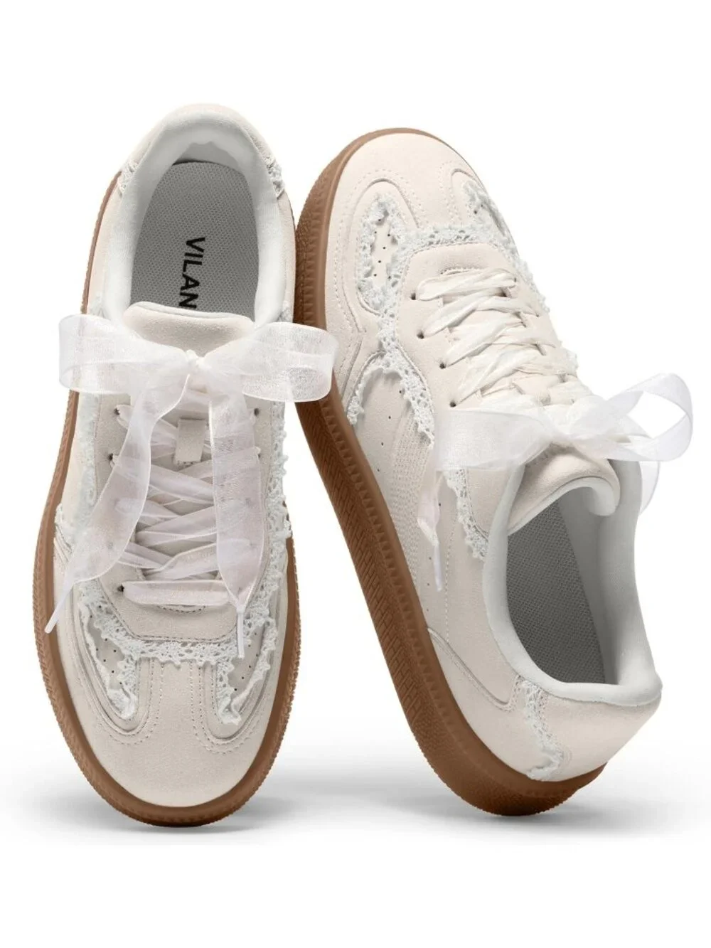 Women's White Lace Suede Faux Leather Comfortable Casual Retro Gum Sole Sneaker